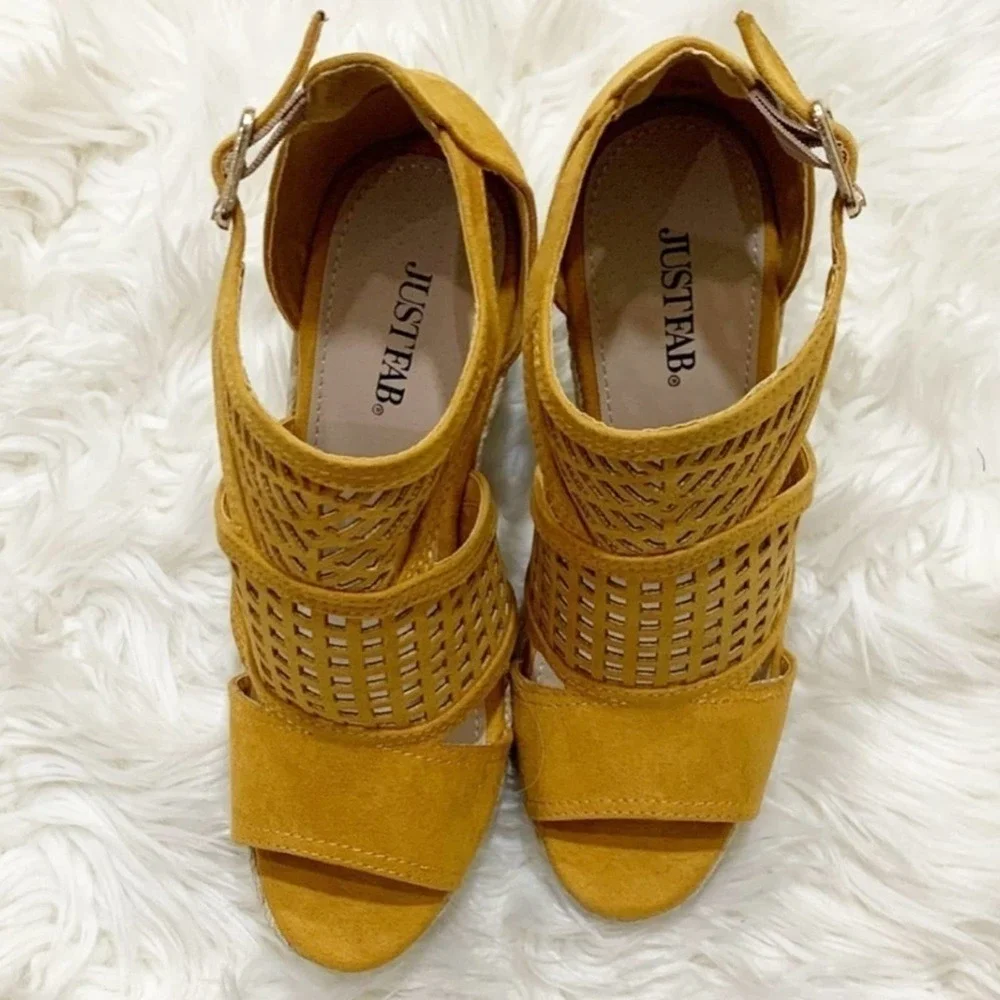 JustFab Mabel Yellow Espadrille Wedge Sandals Size 6.5 Platform Ankle Strap